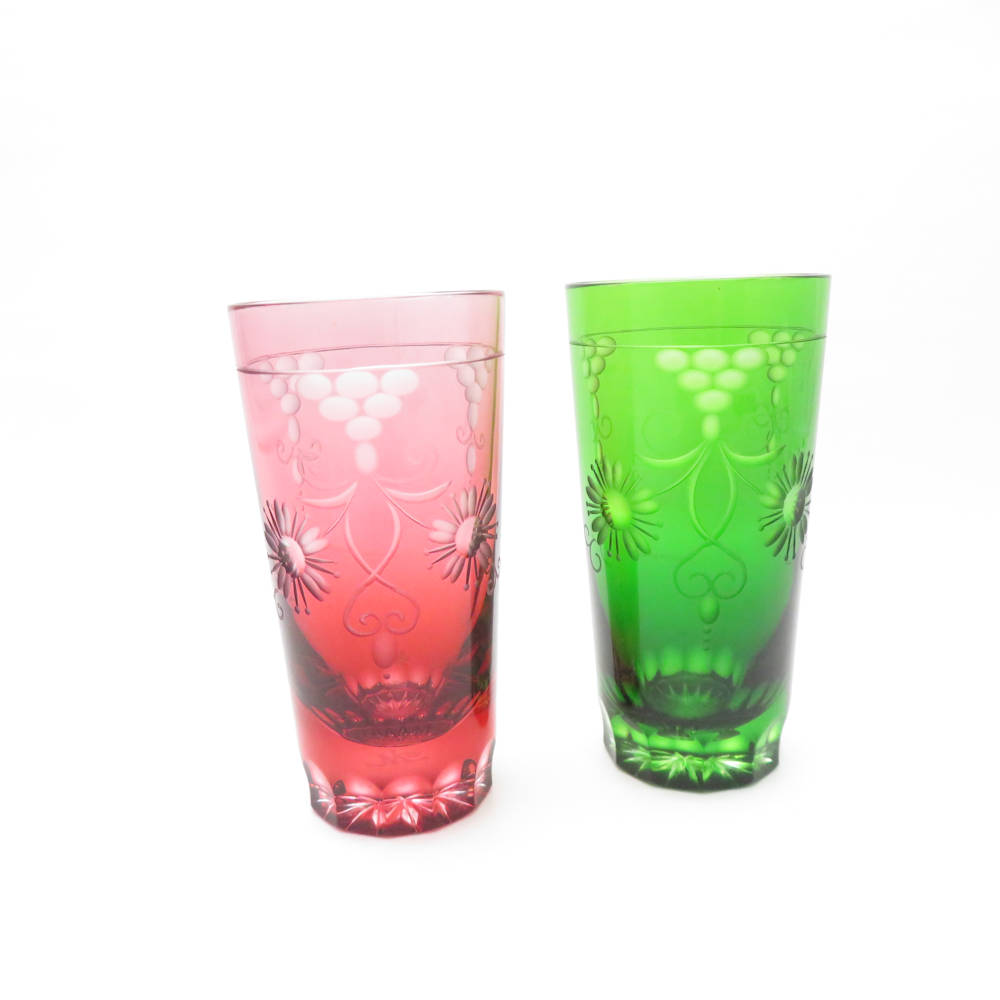 マイセンクリスタル 色被せ クリサンテーム グリーン/レッド タンブラー