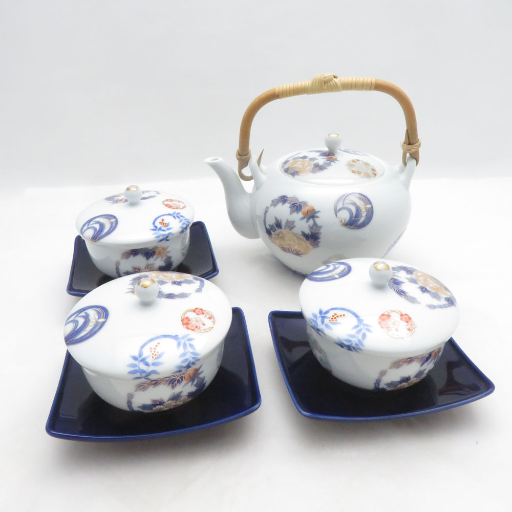 深川製磁 染錦花丸紋 汲出碗揃 急須 蓋付湯呑 茶托